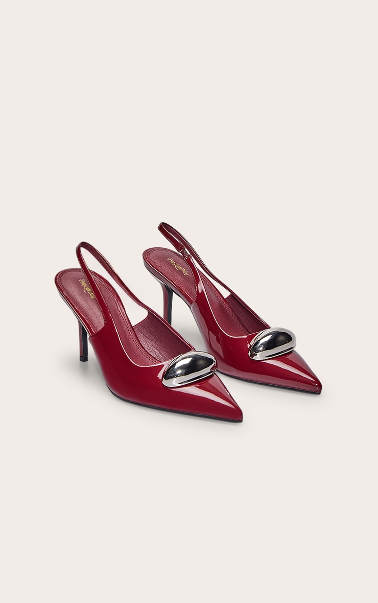 Plum Patent Silver Dome Trim Sling Back Court Heels image 3