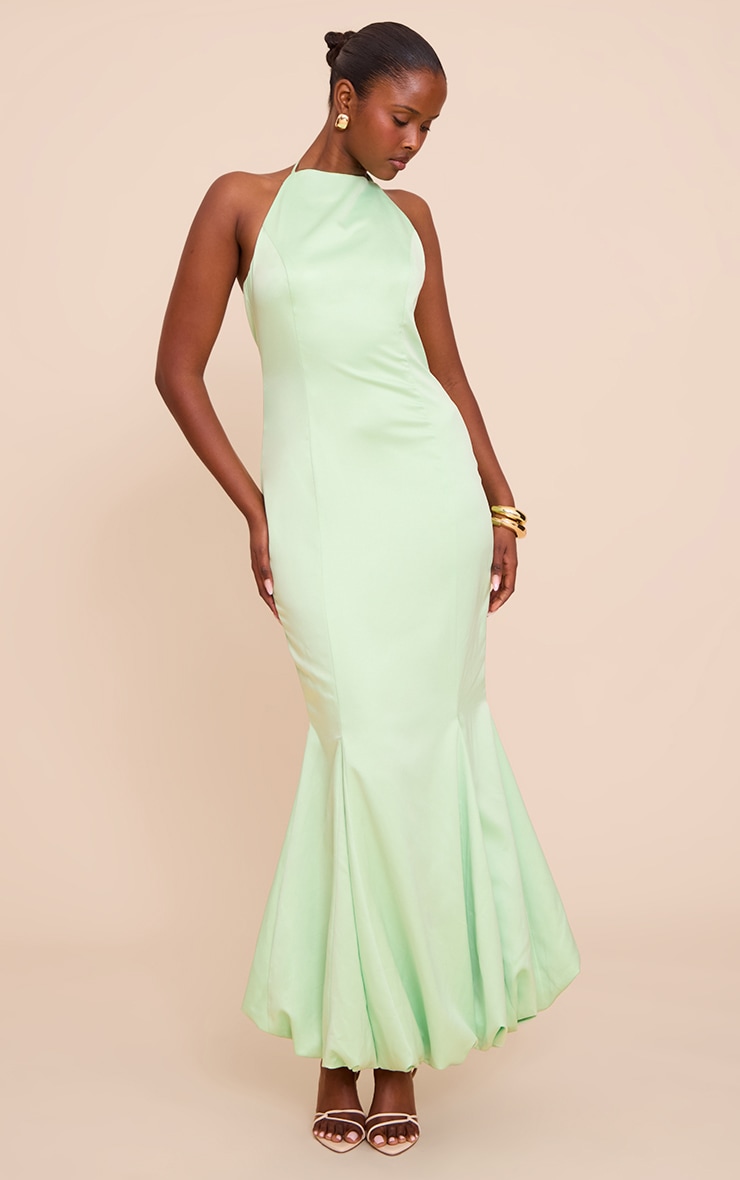 Green Satin Halterneck Puffball Maxi Dress image 1