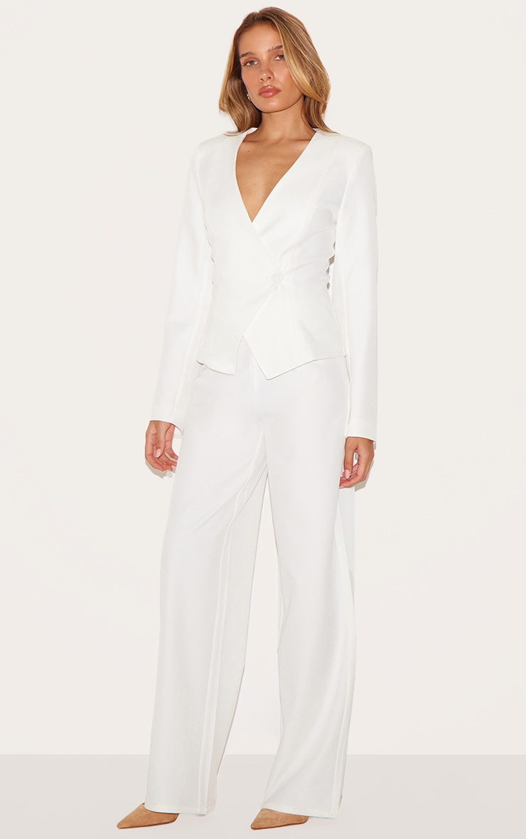  Cream Tailored Cinched Woven Asymmetric Blazer image 3