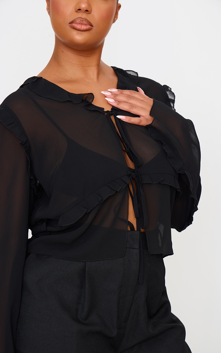 Plus Black Chiffon Ruffle Fitted Tie Front Blouse image 4