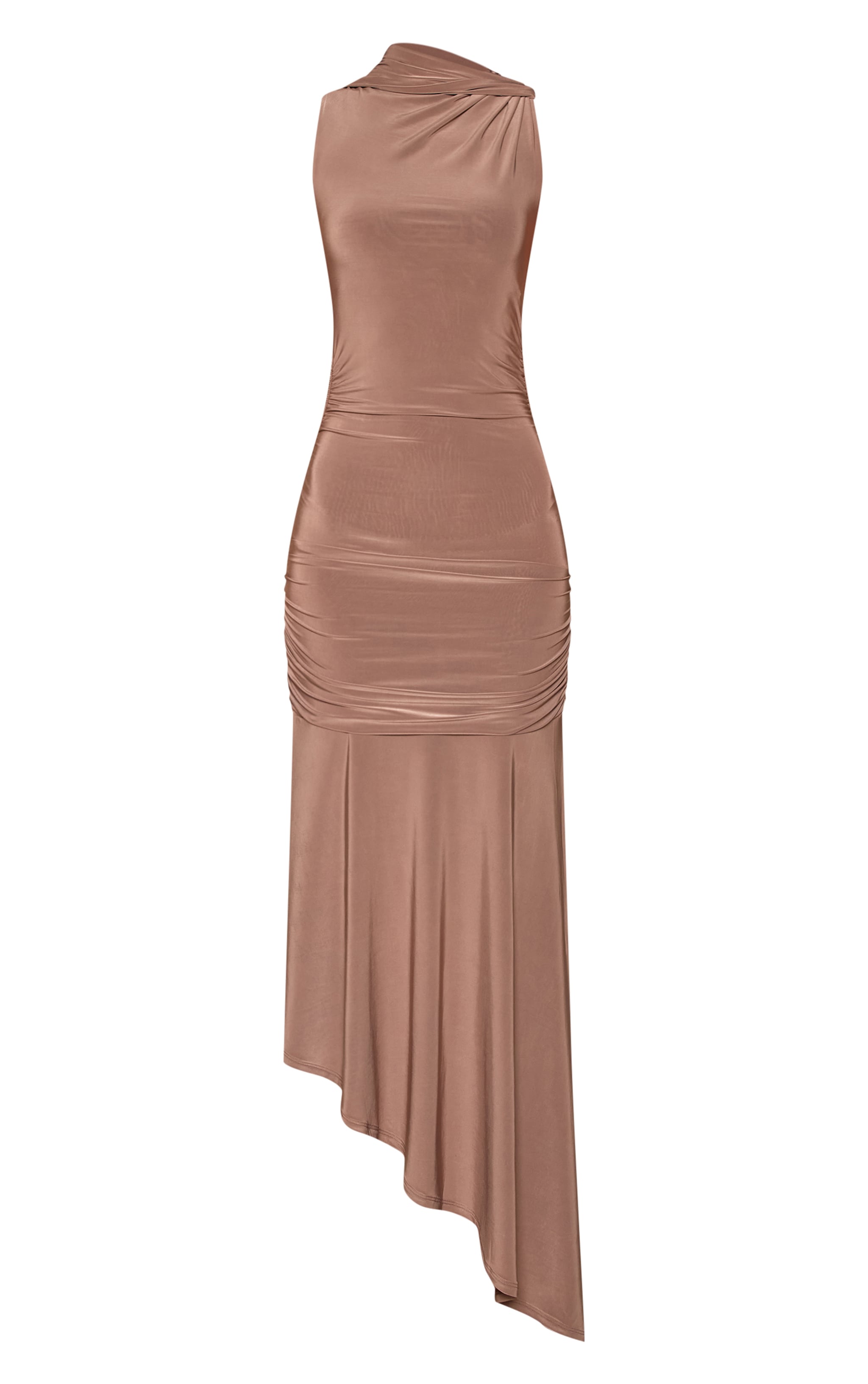 Taupe Double Layer Slinky Asymmetrical Ruched Midaxi Dress image 5