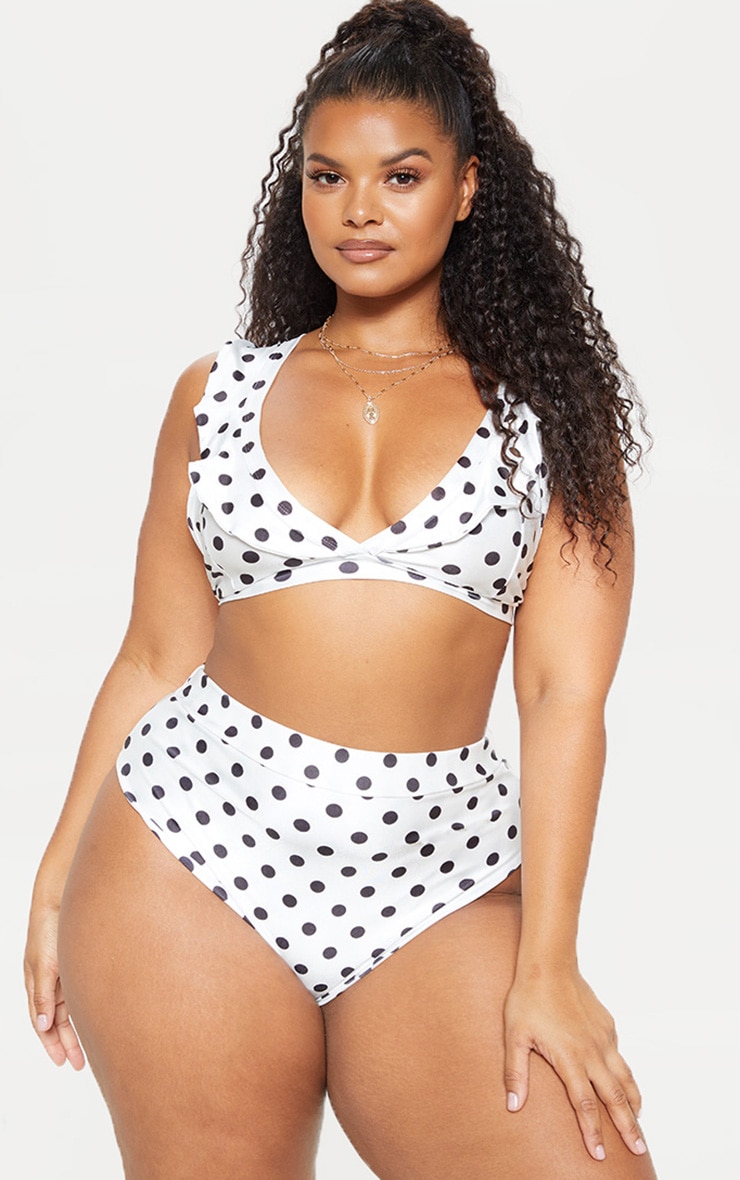 Plus White Polka Dot Frill Straps Bikini Top