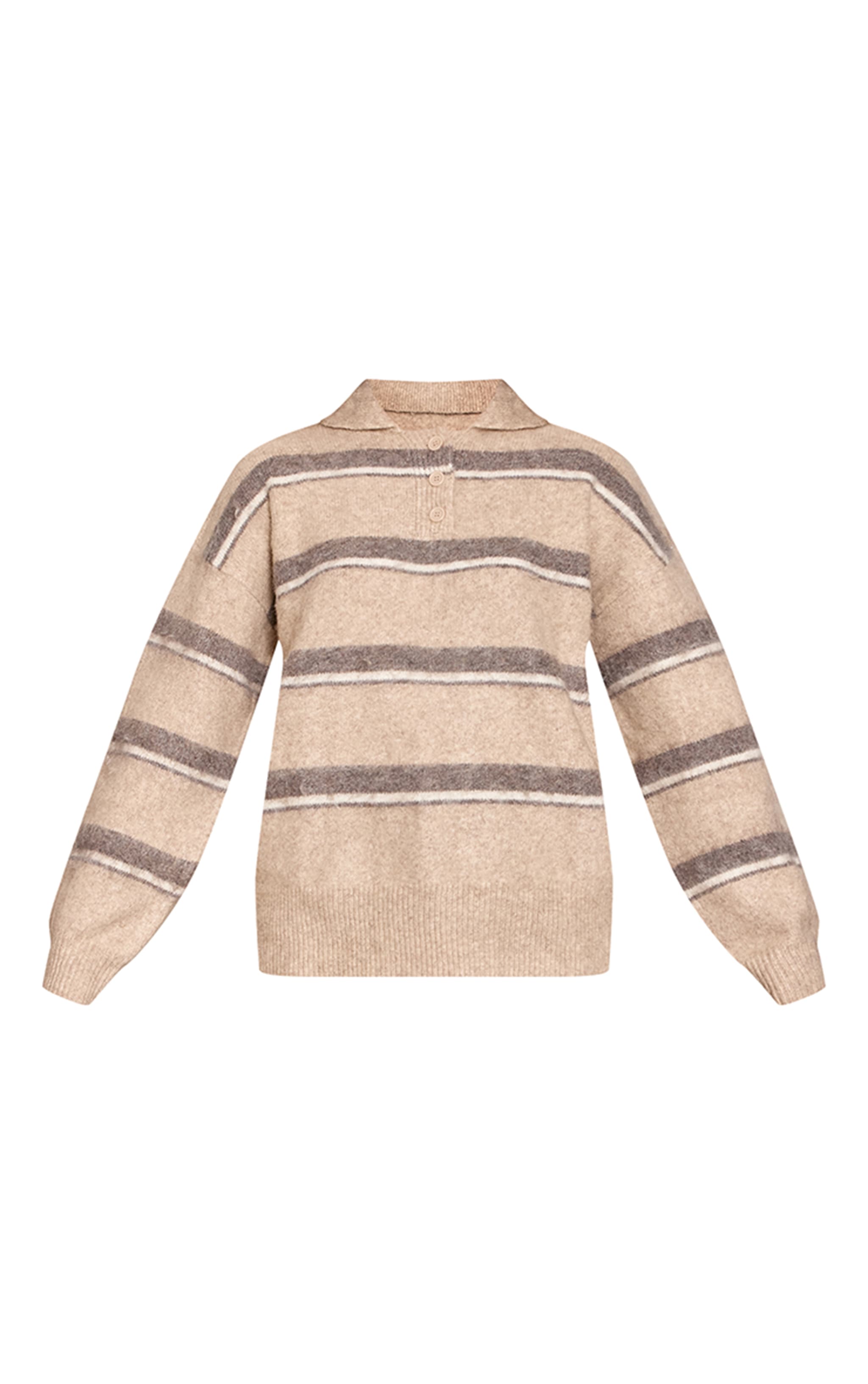 Taupe Striped Brushed Knit Oversized Rugby Style Sweater image 5