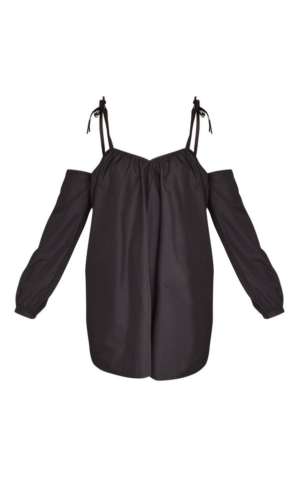 Black Woven Tie Strap Bardot Smock Dress PrettyLittleThing
