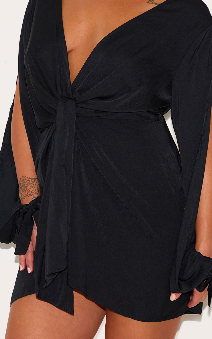 Plus Black Satin Twist Front Open Sleeve Wrap Dress image 4