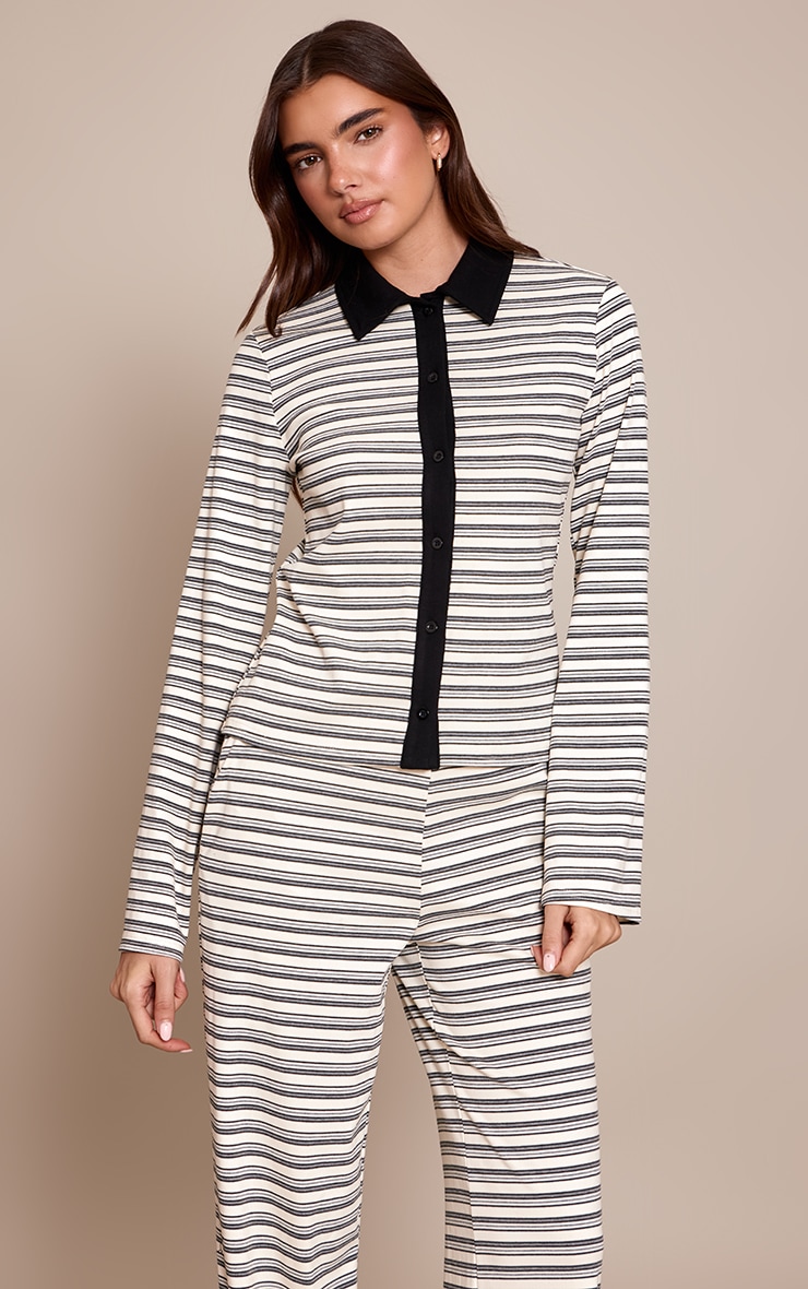 Black Striped Contrast Collared Long Sleeve Long Top