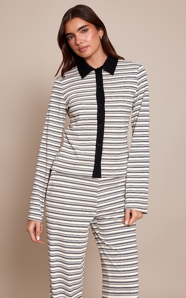Black Striped Contrast Collared Long Sleeve Long Top 
