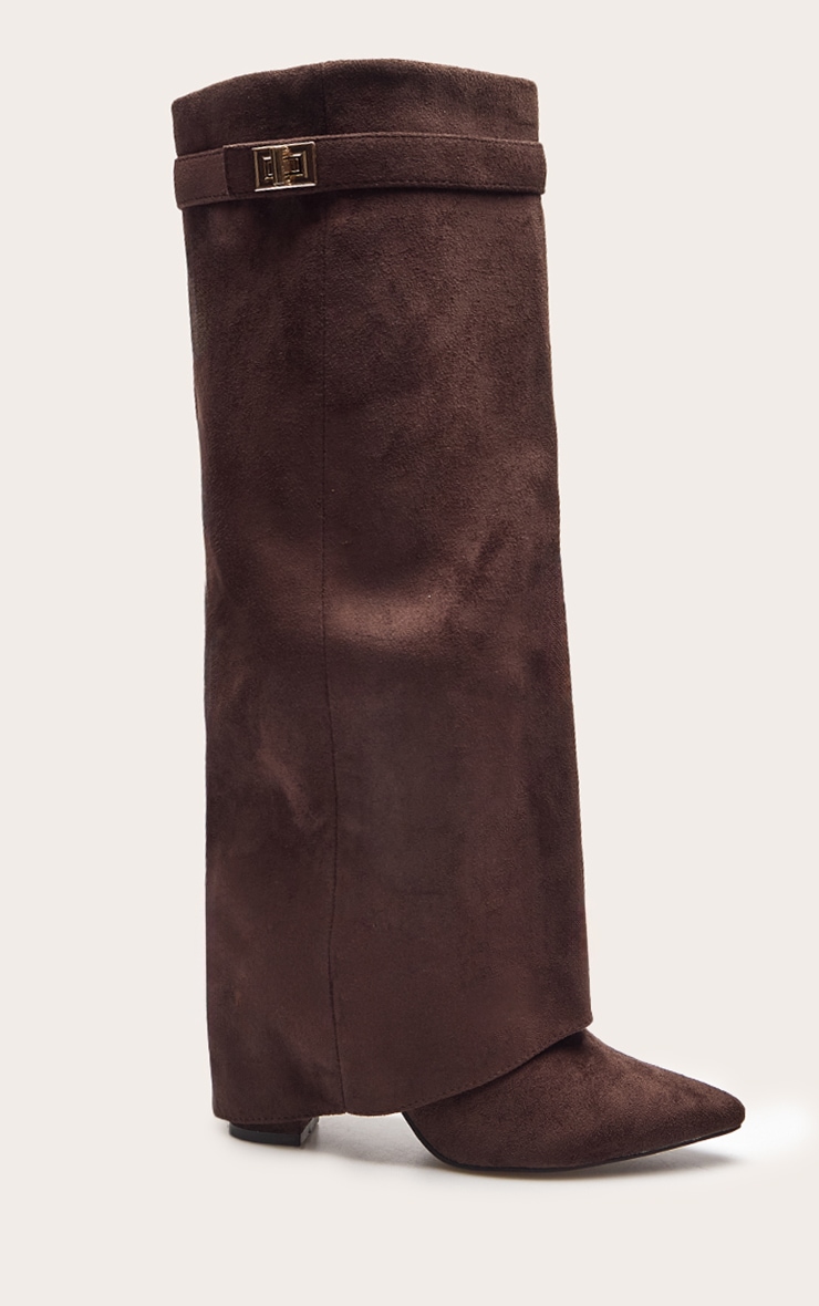 Bottes hautes repliées en suédine chocolat talon carré image 2