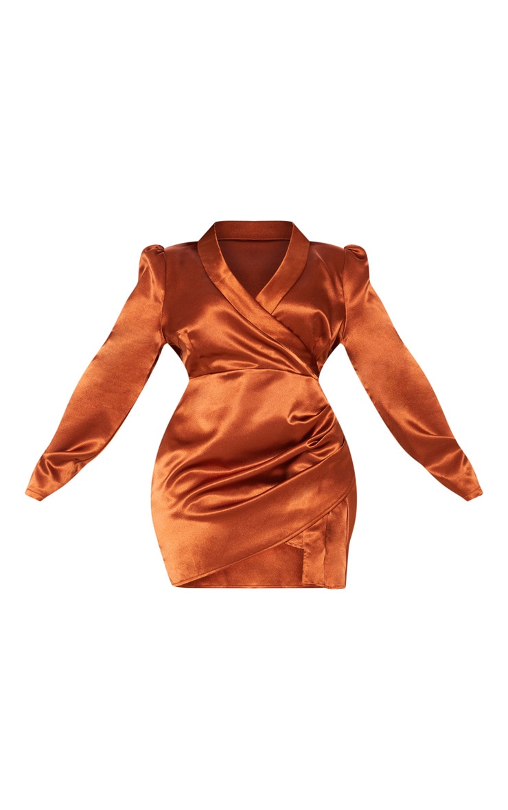 Rust Satin Wrap Over Ruched Bodycon Dress image 4