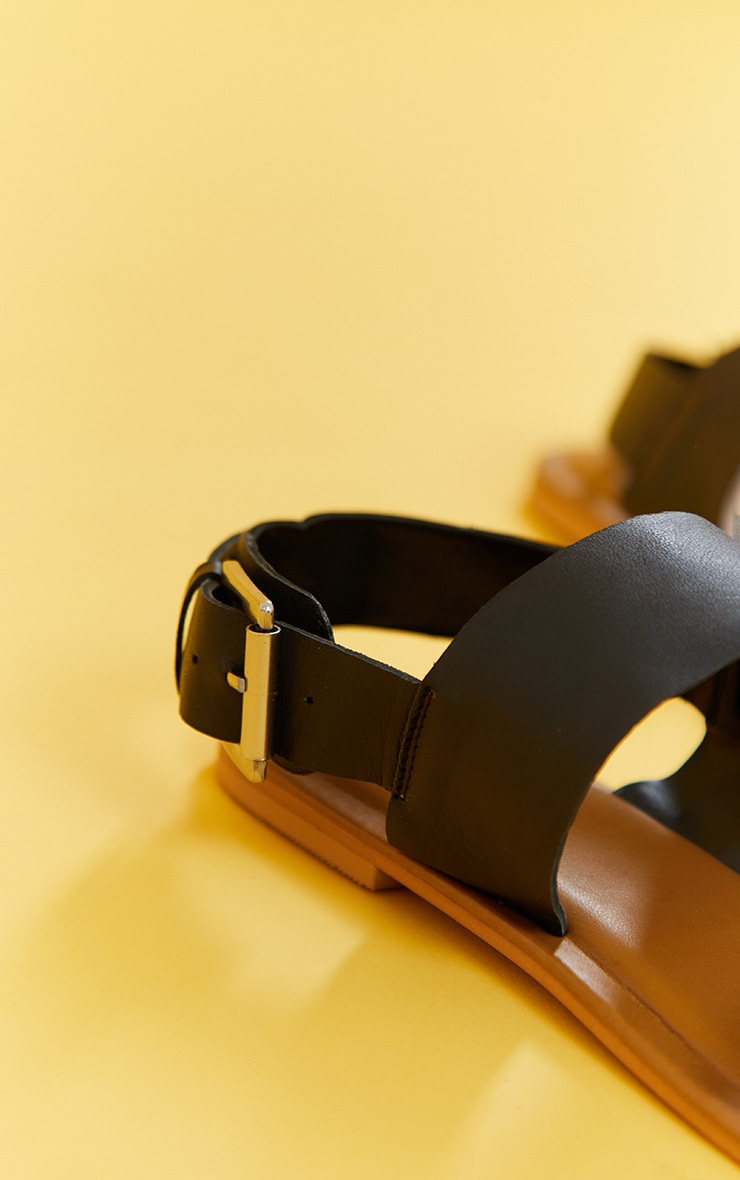 Real Leather Black Wide Fit Thick Double Strap Buckle Fastening Flat Sandals image 4