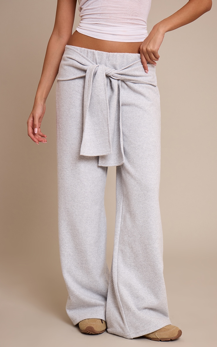 Grey Heavy Rib Wrap Waist Detail Wide Leg Pant  image 2