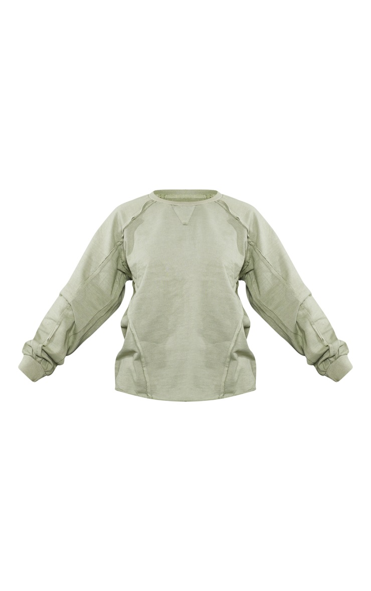 Khaki Washed Oversized Raw Edge Seam Detail Sweatshirt image 5