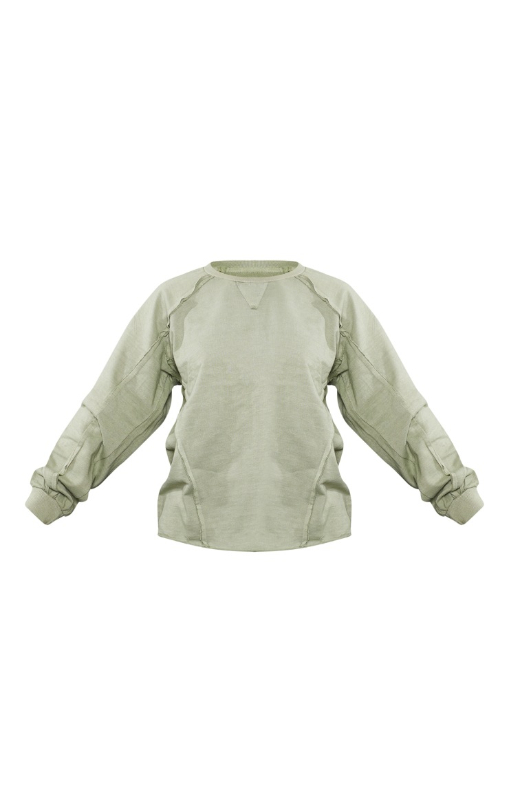 Khaki Washed Oversized Raw Edge Seam Detail Sweatshirt image 5