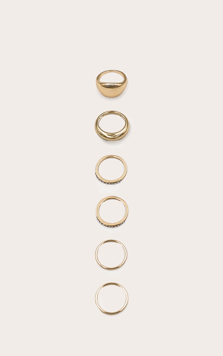 Gold Simple Curved Diamante 6 Ring Pack image 2