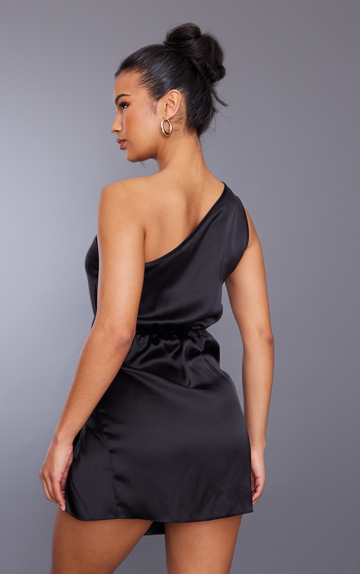 Black Satin Knot Detail One Shoulder Mini Dress image 2
