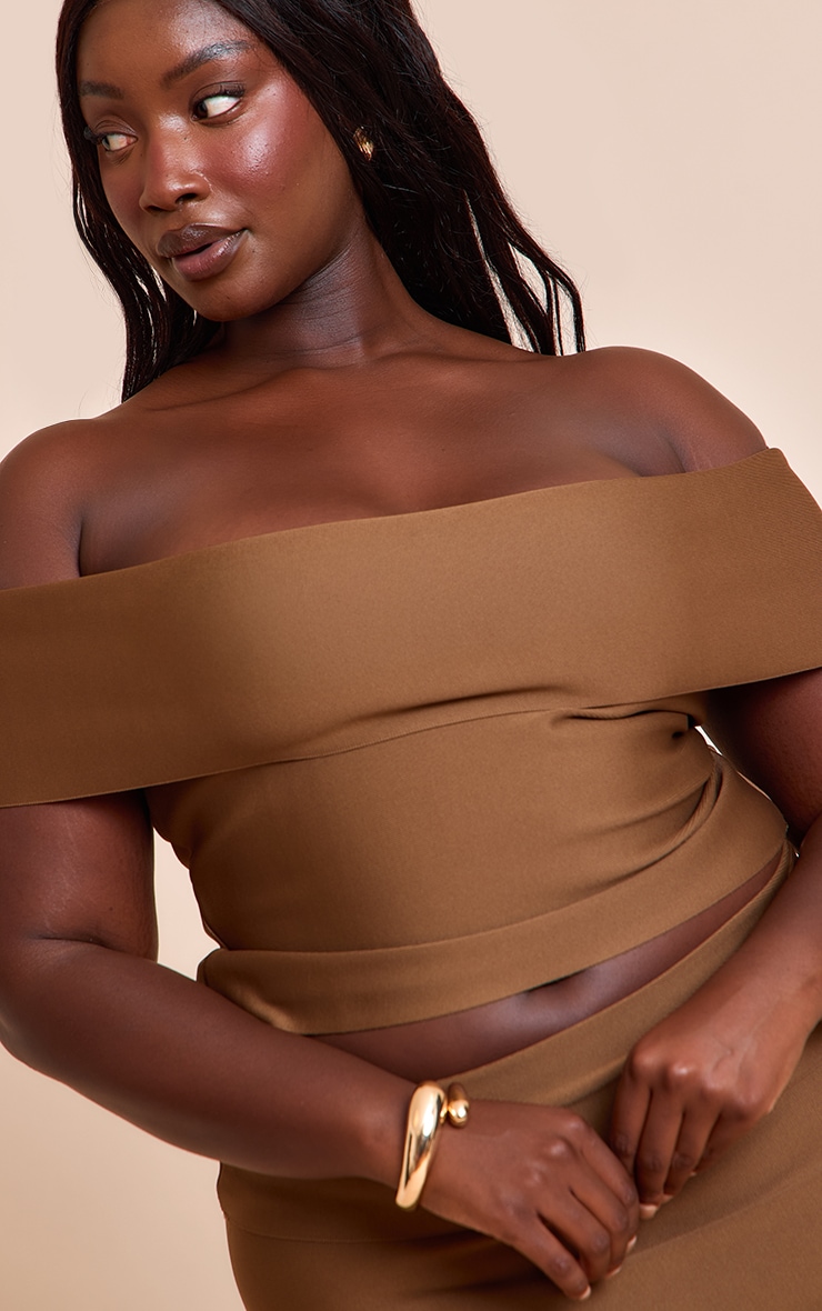 Plus Deep Chocolate Tailored Bandage Knit Asymmetric Fold Over Top image 4