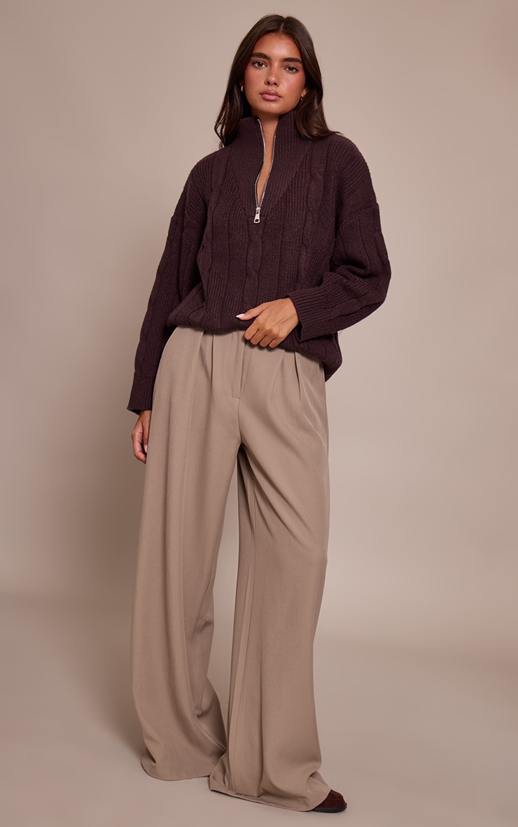 Pull oversize en maille tricot torsadée chocolat à zip image 3