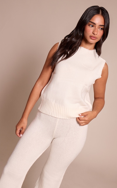 Petite Cream Knit High Neck Sleeveless Crop Top