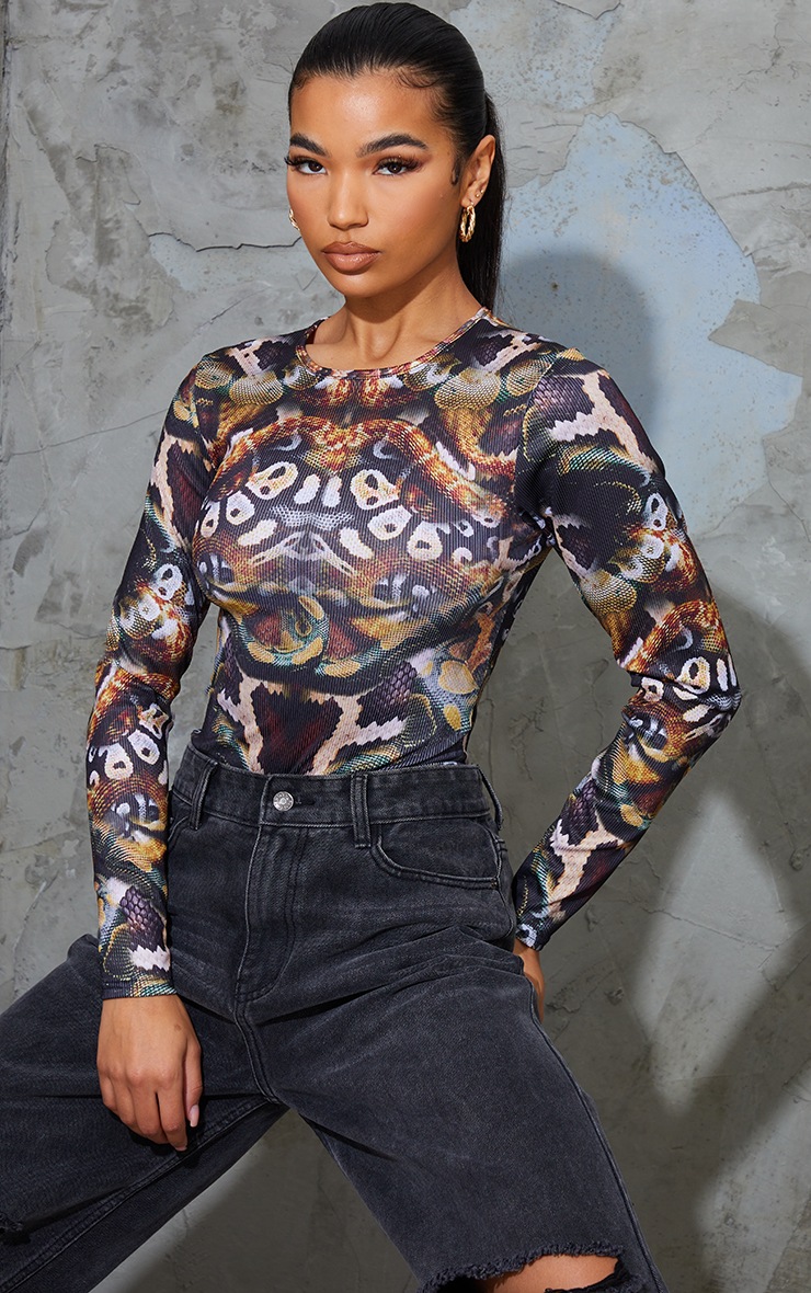 Multi Snake Entwined Print Rib Long Sleeve Bodysuit