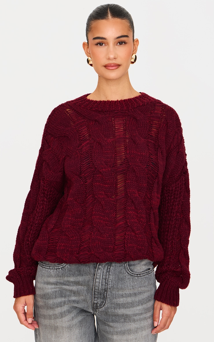  Burgundy Marl Knit Distressed Detail Chunky Cable Jumper image 3