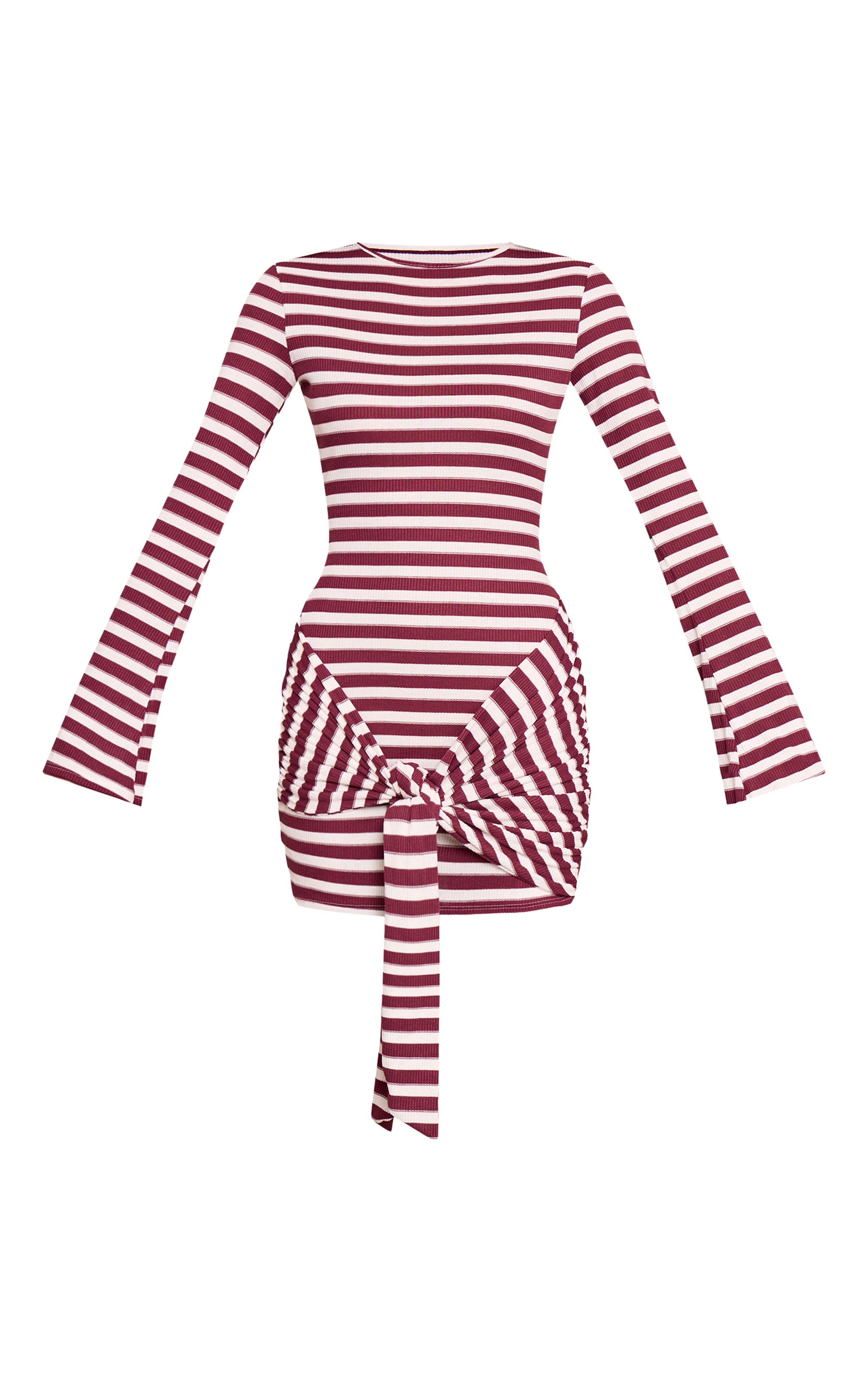 Burgundy Striped Long Sleeve Wrap Detail Bodycon Dress image 5
