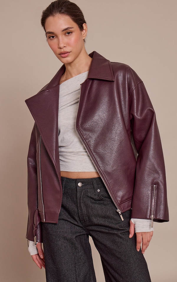 Burgundy Faux Leather Oversized Biker Jacket