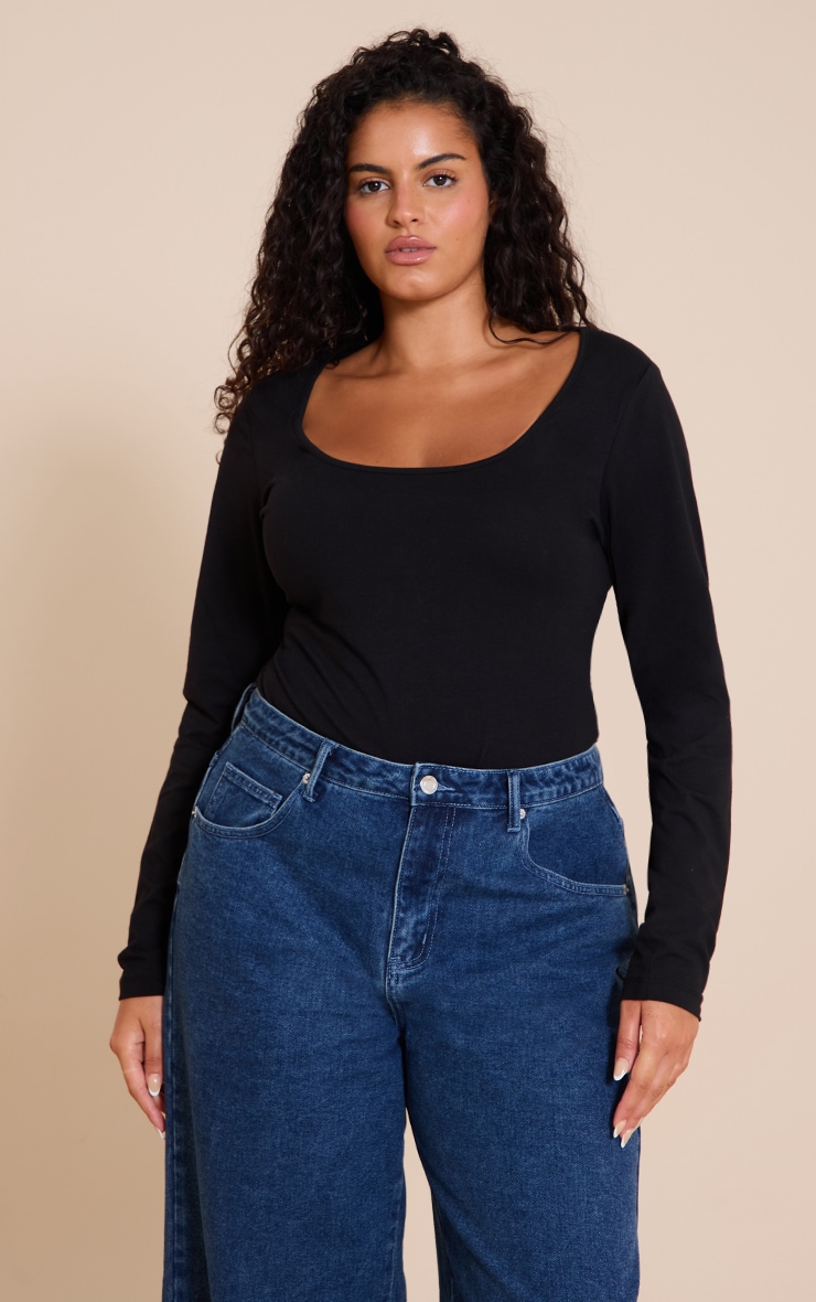 Plus Black Soft Cotton Scoop Neck Long Sleeve Bodysuit image 1