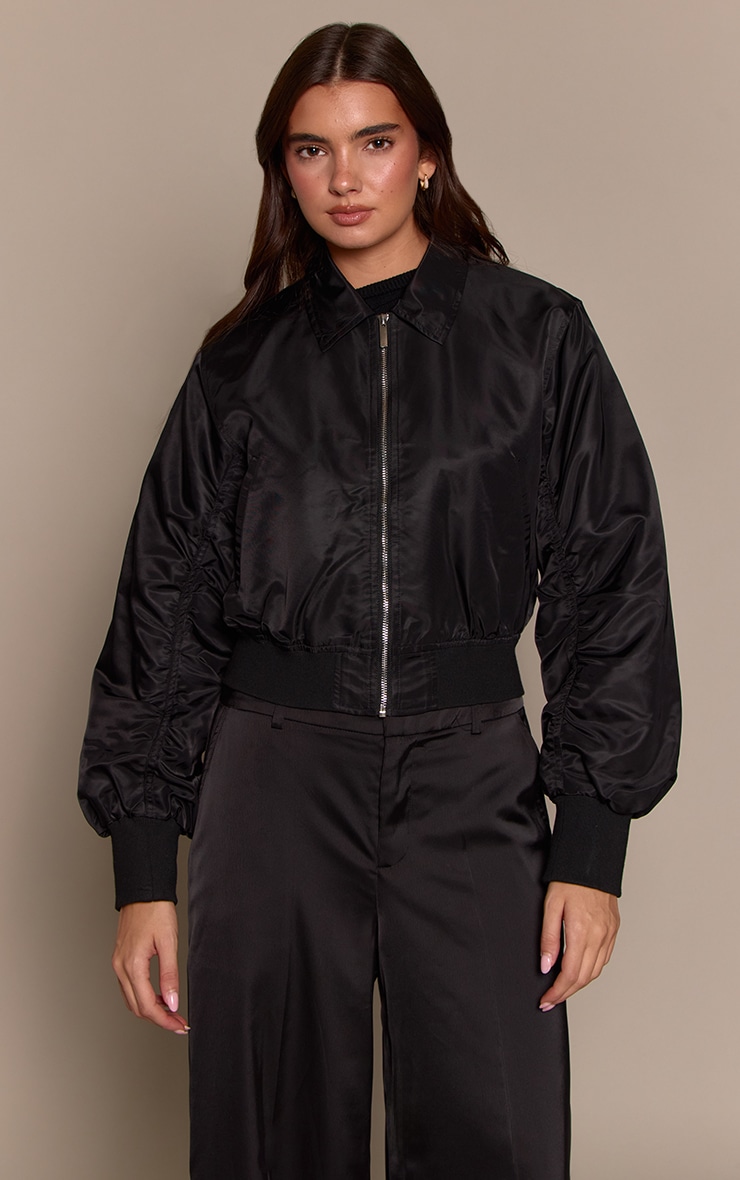 Black Cropped Nylon Bomber Jacket image 1