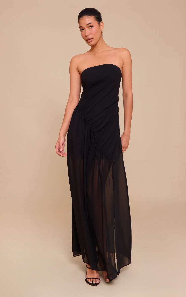 Black Double Layer Mesh Bandeau Asymmetric Ruching Maxi Dress image 3