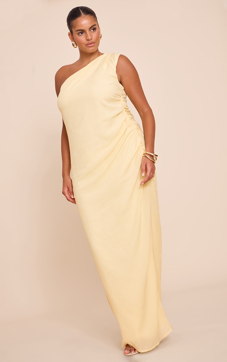 Plus Robe longue texturée jaune citron froncée à épaule unique image 3