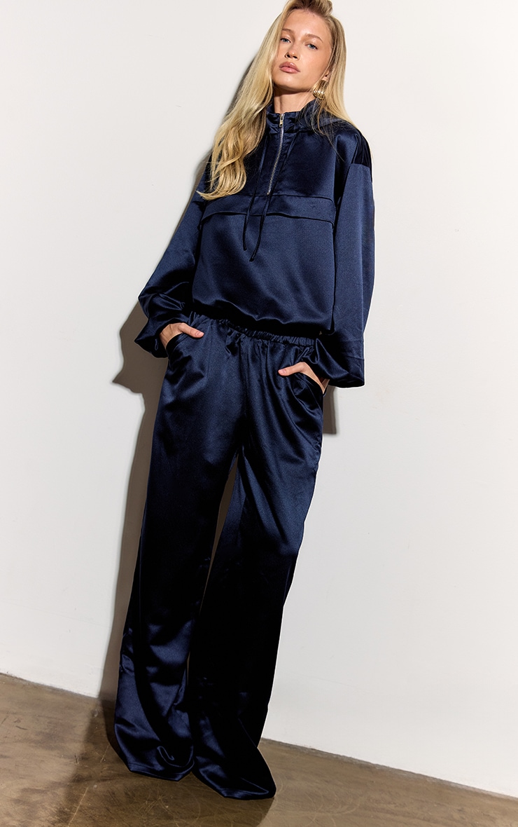 Navy Satin Wide Leg Pants image 2