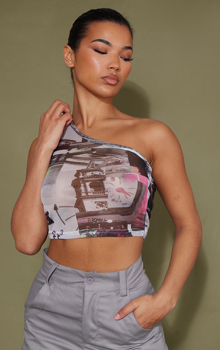 Pink Printed Mesh One Shoulder Crop Top