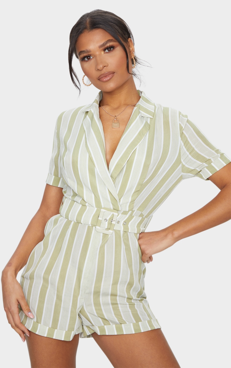 Sage Green Stripe Belted Short Sleeve Blazer Playsuit