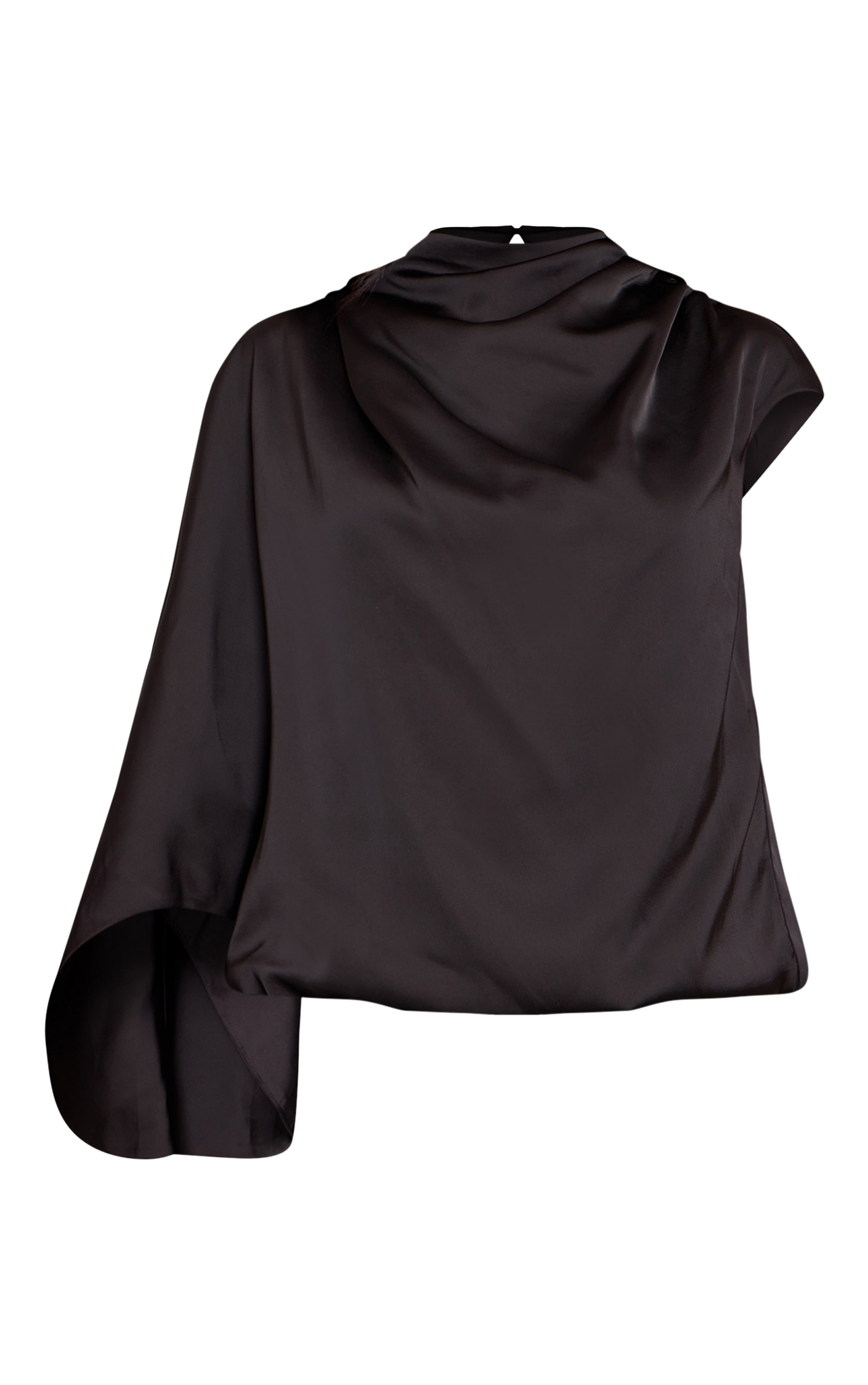 Black Satin One Sleeve Draped Top image 5