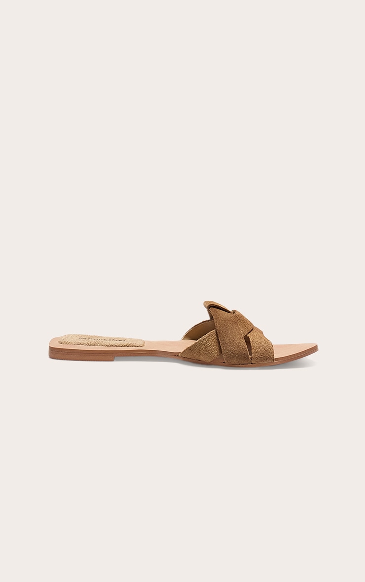 Beige Faux Suede Round Toe Flat Mule Sandals image 1