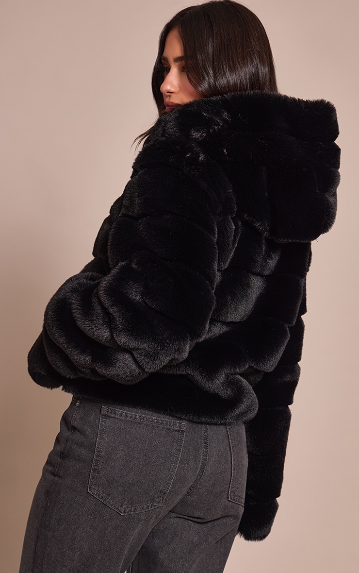 Petite Black Faux Fur Hooded Oversized Coat image 2