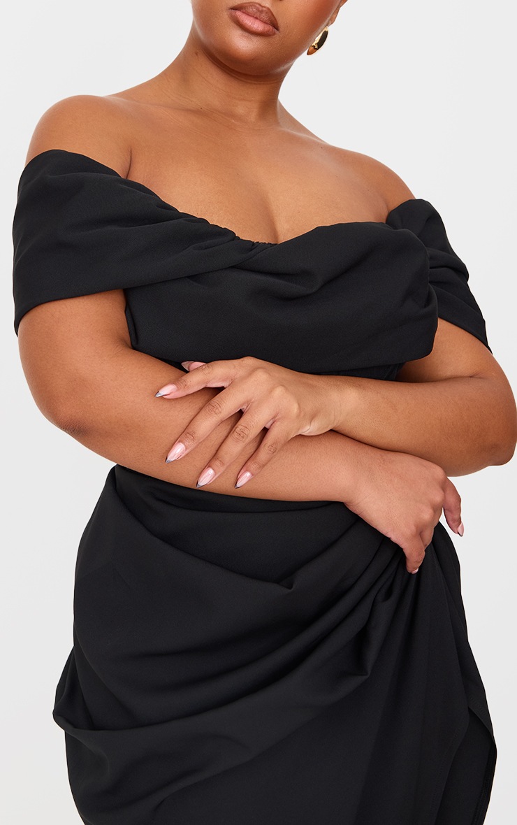 Plus Black Corset Bardot Draped Midi Dress image 4