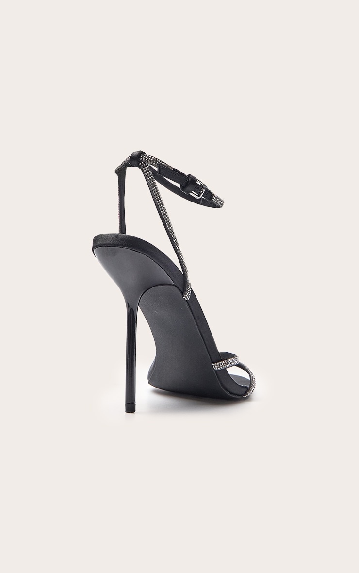 Black Satin Diamante Round Toe Asymmetric High Stiletto Heeled Sandals image 4