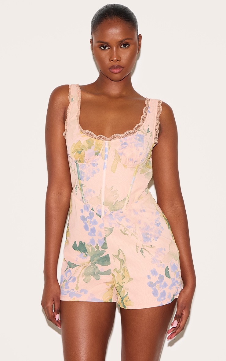 Pink Floral Printed Chiffon Corset Detail Romper image 1