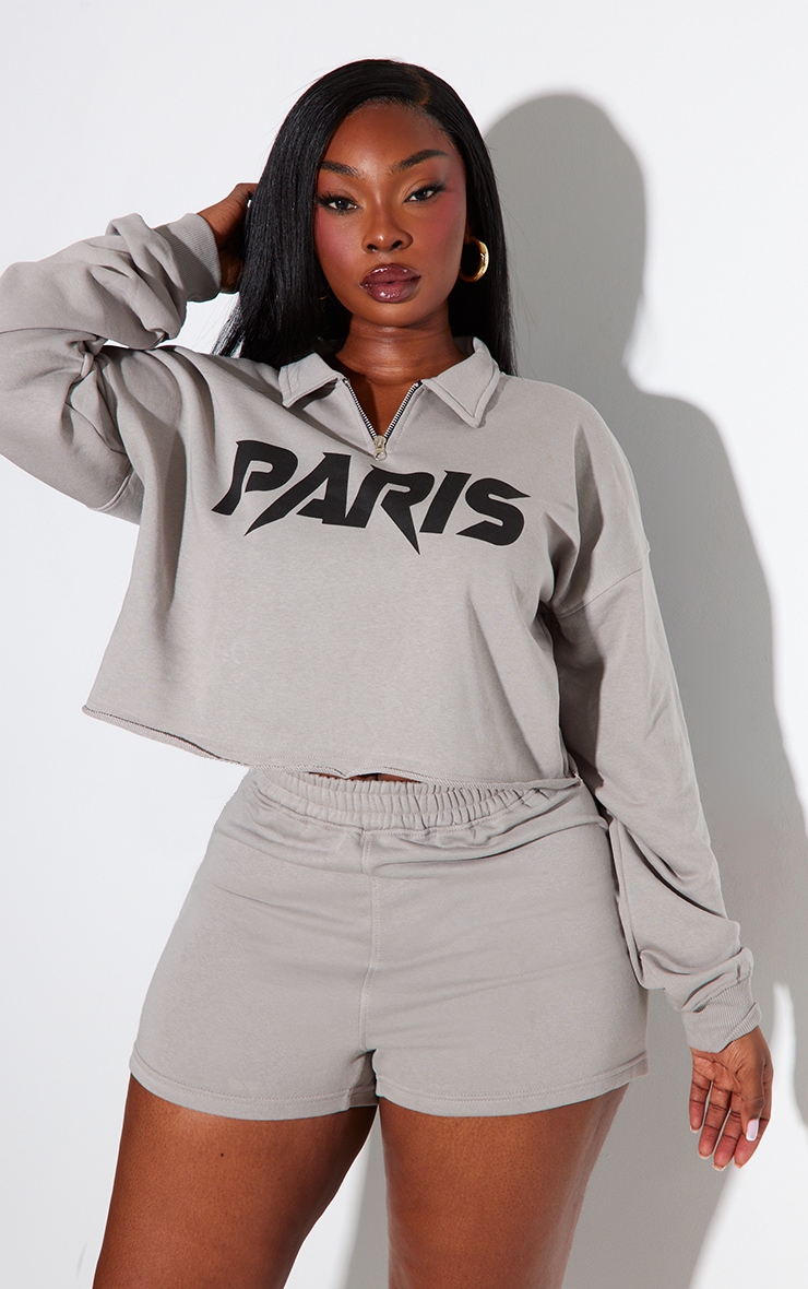 Plus Grey Paris Collar Crop Sweatshirt