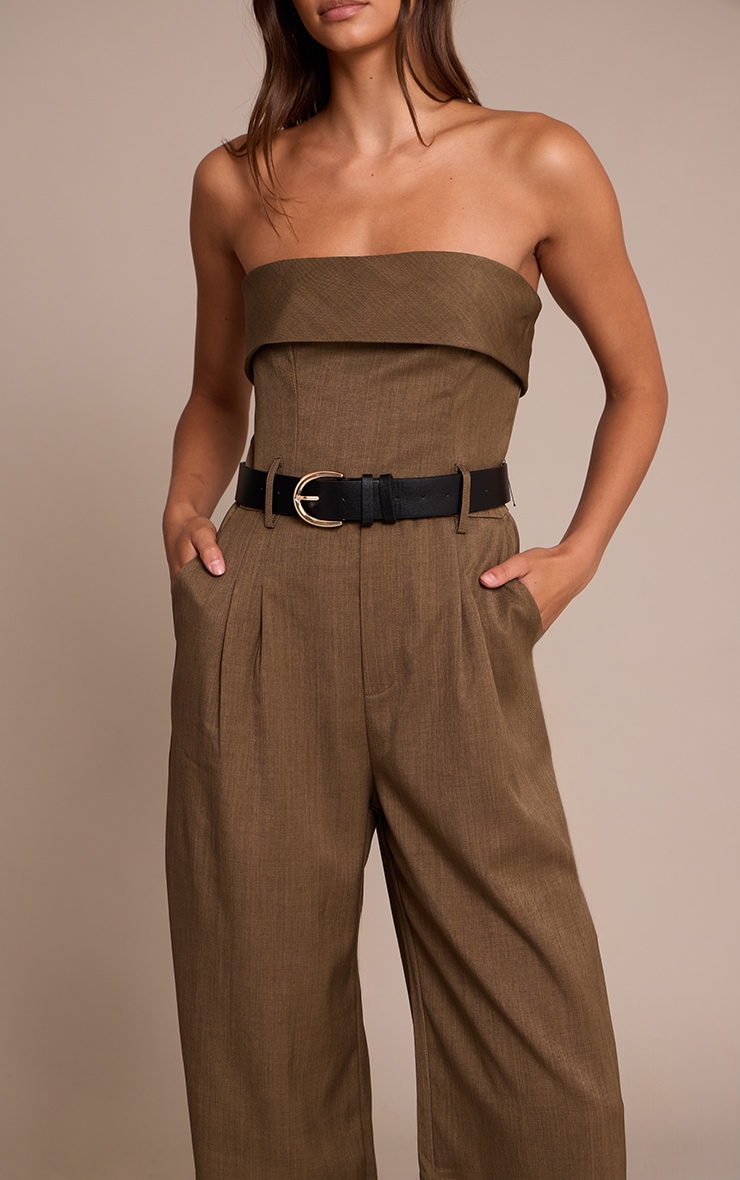 Khaki Woven Bandeau Belted Wide Leg Jumpsuit image 4