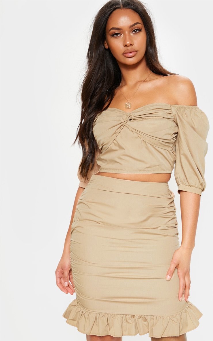 Stone Bardot Twist Front Detail Crop Top