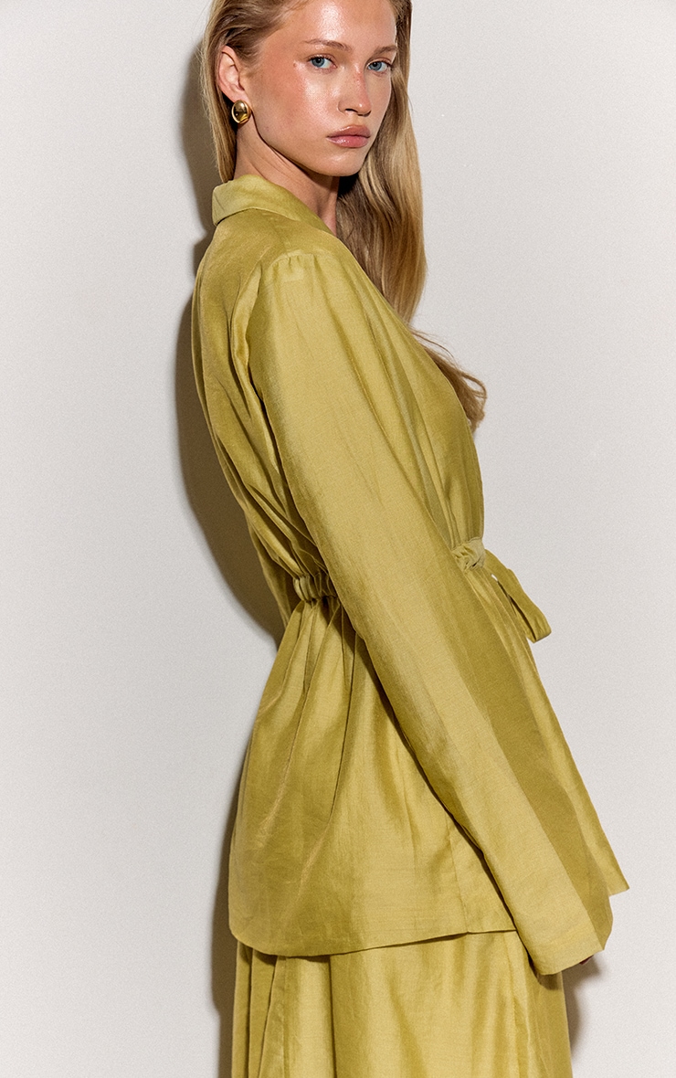 Pale Chartreuse Sheer Organza Tie Cinched Blazer image 2