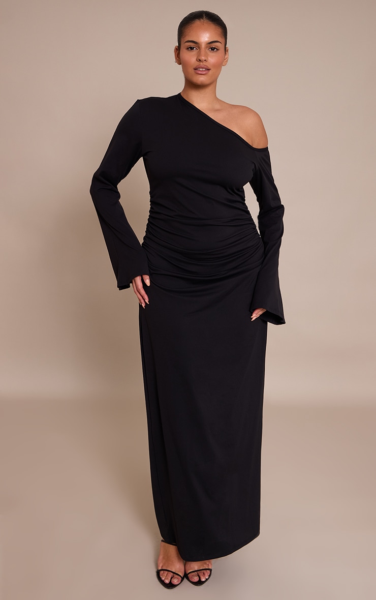 Plus Black Sculpt Bardot Ruched Side Long Sleeve Maxi Dress image 1