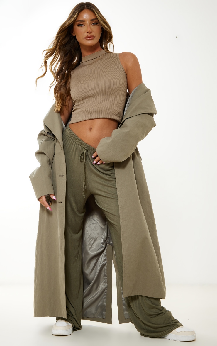 Khaki Jersey Cargo Pocket Wide Leg Pants image 6