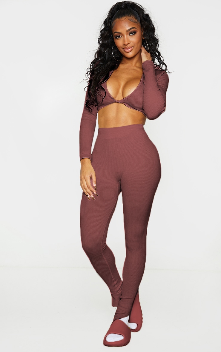 Shape Chocolate Brown Snatched Ribbed Split Hem Leggings image 1
