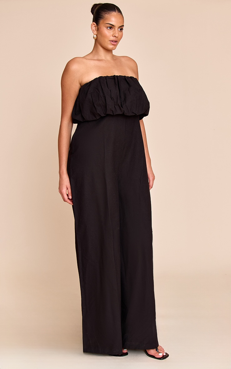 Plus Black Textured Puffball Bandeau Straight Leg Jumpsuit image 3