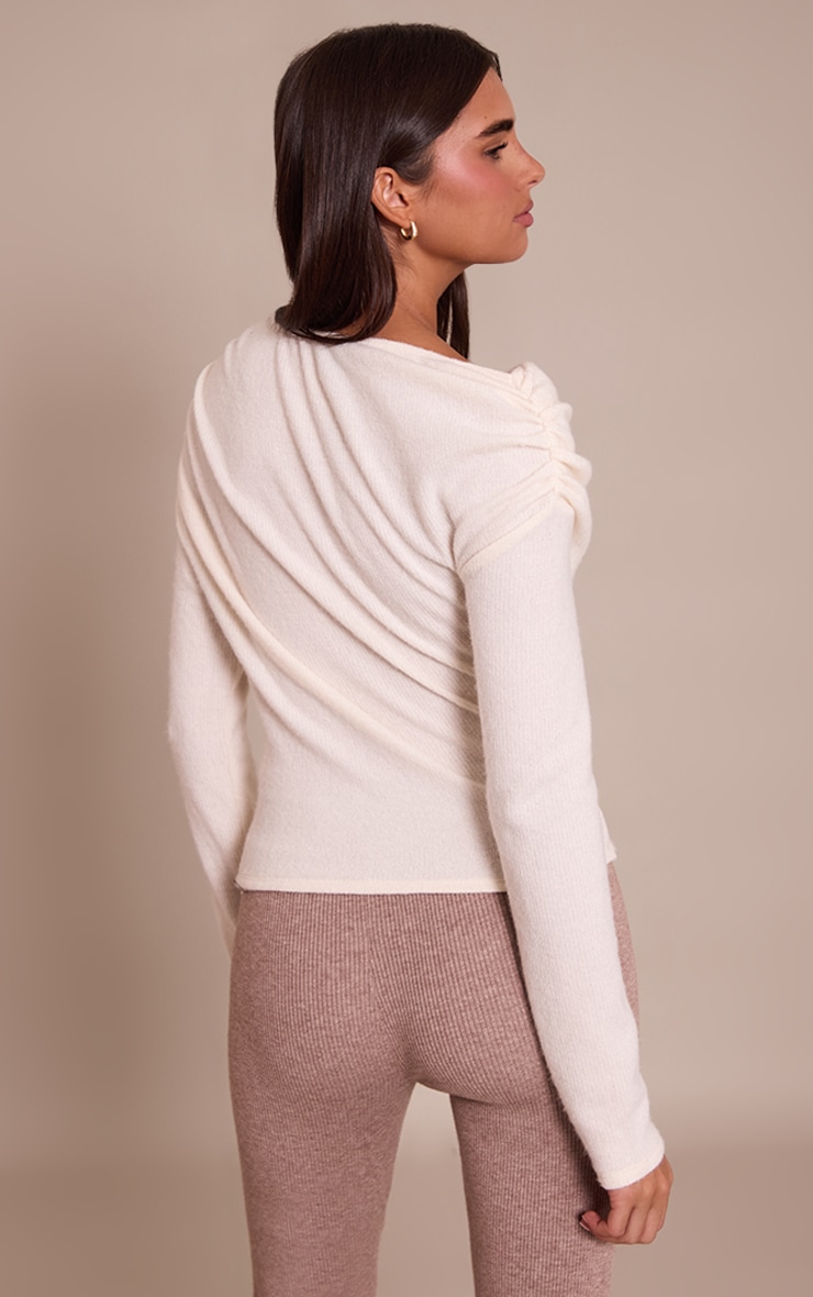 Cream Brushed Slouchy Ruched Long Sleeve Top image 2