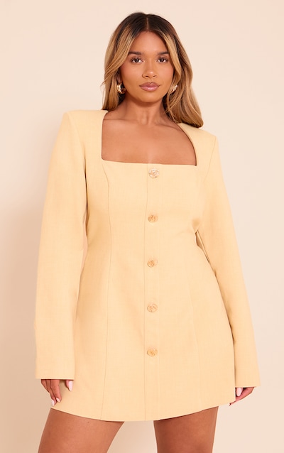 Shape Butter Yellow Tailored Square Neck Hammered Button Mini Dress