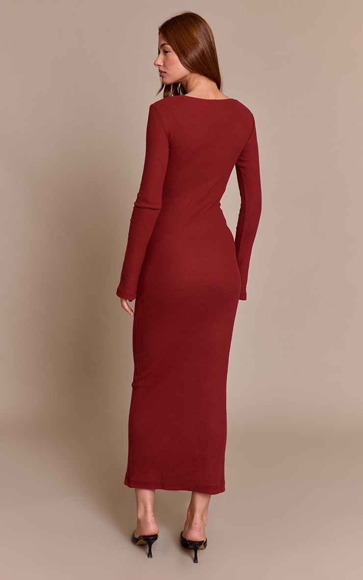 Wine Heavy Brushed Rib Wrap Tie Maxi Dress image 2